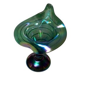 1977 Gibson Glass Green Iridescent Jack In The Pulpit Art Glass Vase USA
